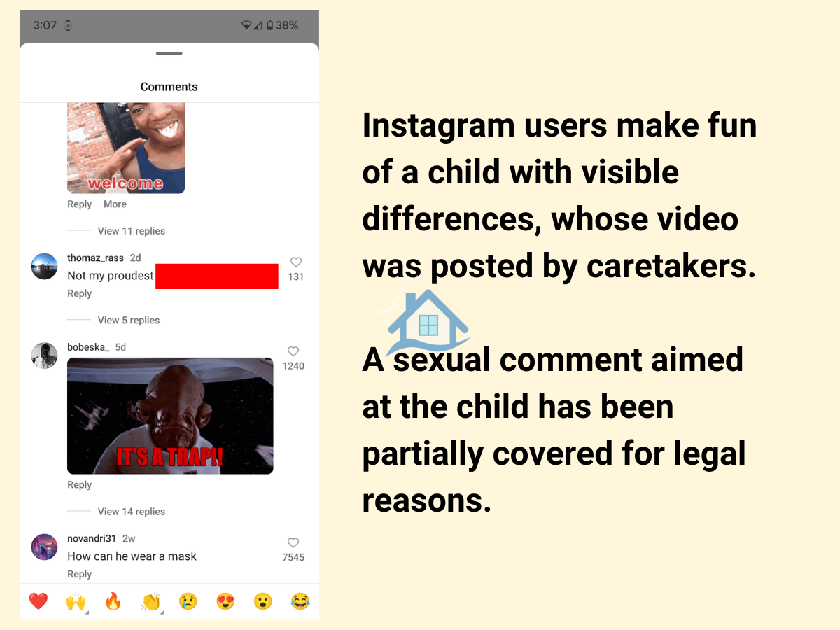 اسکرین شاتی که هندو با متا به اشتراک گذاشته است و نوع نظرات توانمندی را که کودکان معلول در اینستاگرام با آن روبرو می شوند نشان می دهد.