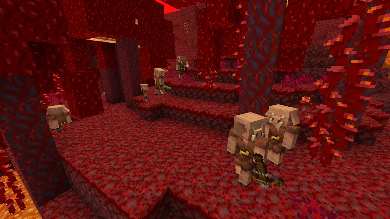 پیگلین‌هایی که به‌طور طبیعی در بیوم جنگلی قرمز رنگ در Minecraft تولید می‌شوند