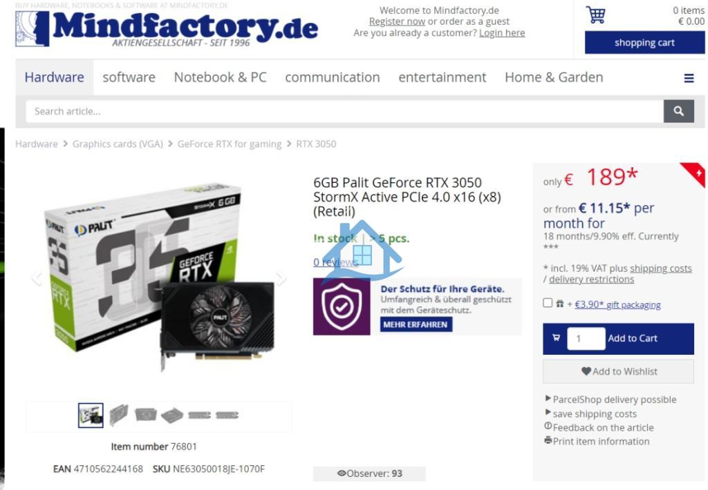 rtx 3050 6GB برای فروش در mindfactory.de فهرست شده است