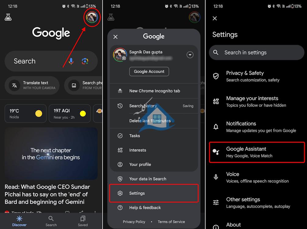 به تنظیمات برنامه Google در Android بروید