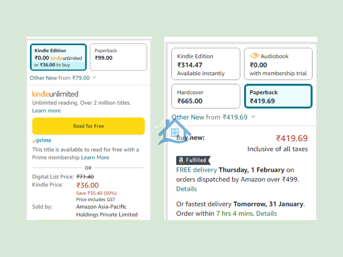 مقایسه ای که نشان می دهد چگونه دو عنوان در آمازون هند قیمت های کتاب الکترونیکی و جلد شومیز مشابهی دارند