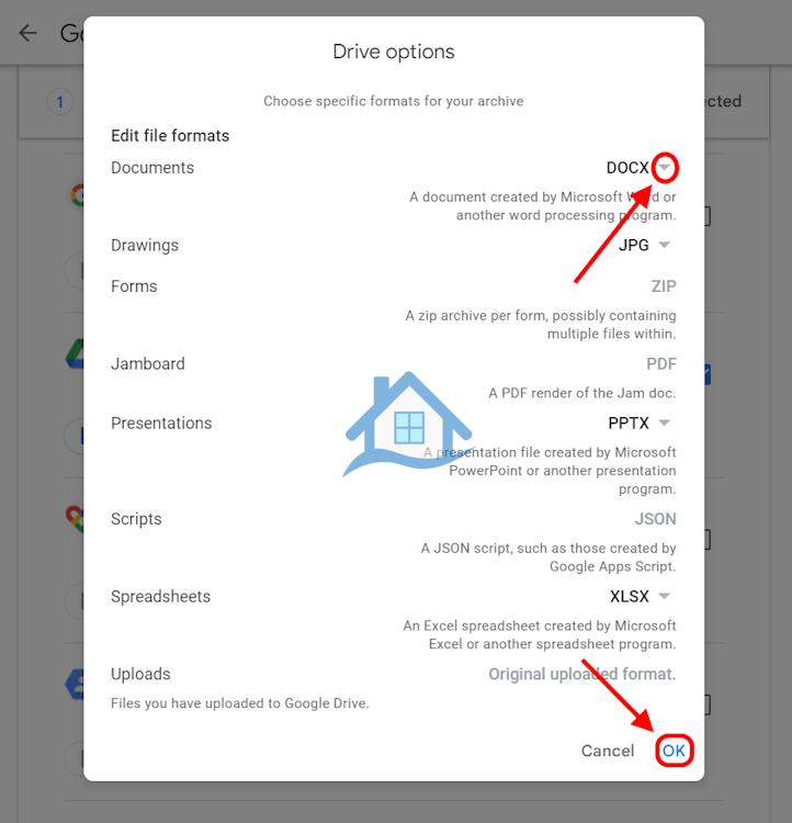تعیین فرمت فایل داده‌های Google Drive در Takeout