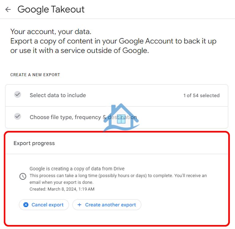 صادرات پانل پیشرفت Google Takeout