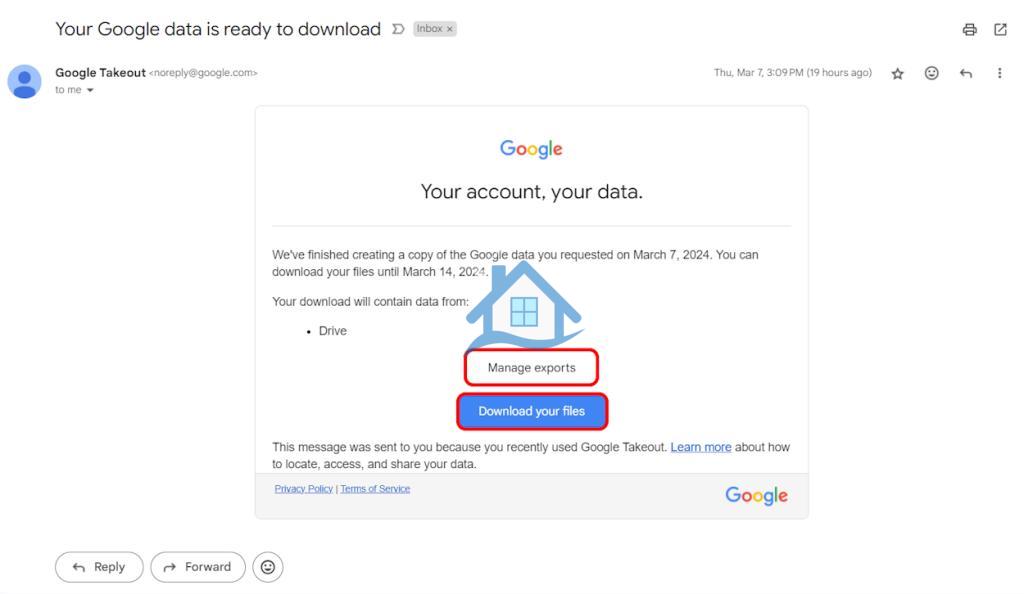داده های Google شما برای بارگیری نامه آماده است