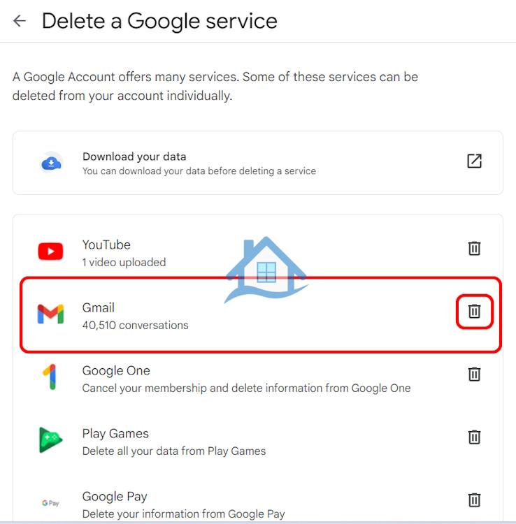 دکمه حذف سرویس Google از طریق وب
