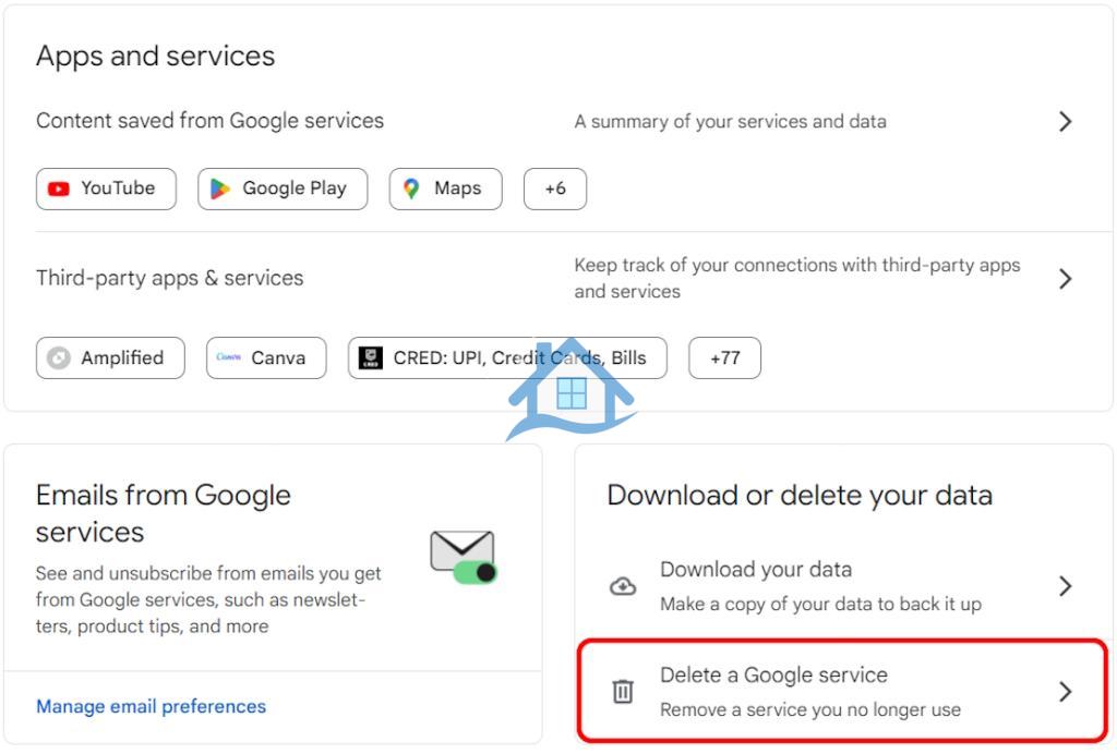 یافتن گزینه Delete a Google Service از طریق وب