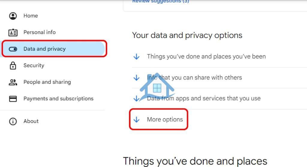 پانل داده و حریم خصوصی در صفحه تنظیمات حساب Google در رایانه شخصی