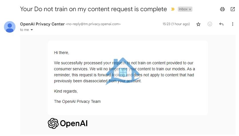 ایمیل دریافت شده توسط openai در رابطه با عدم آموزش داده های محتوای من