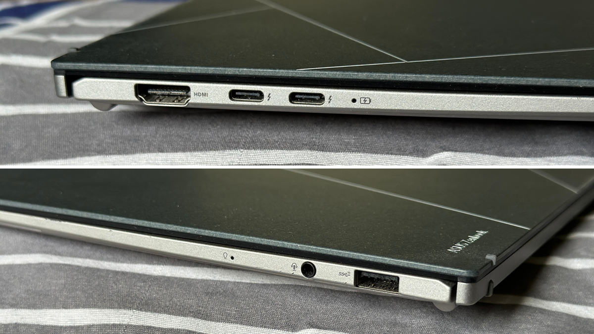 Asus Zenbook S 13 OLED در طراحی شیک با پورت‌هایی در دو طرف لپ‌تاپ عرضه می‌شود.  اینها شامل یک USB 3.2 Gen 2 Type-A، یک پورت صدا، دو درگاه Thunderbolt 4 USB-C و یک پورت استاندارد HDMI 2.1 (TMDS) است. 