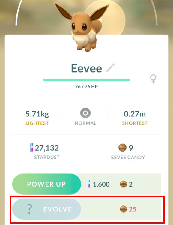 دکمه Evolve Eevee را انتخاب کنید و او را به فرم دلخواه در Pokemon GO تبدیل کنید.  مطمئن شوید که به اندازه کافی آب نبات Eevee دارید.
