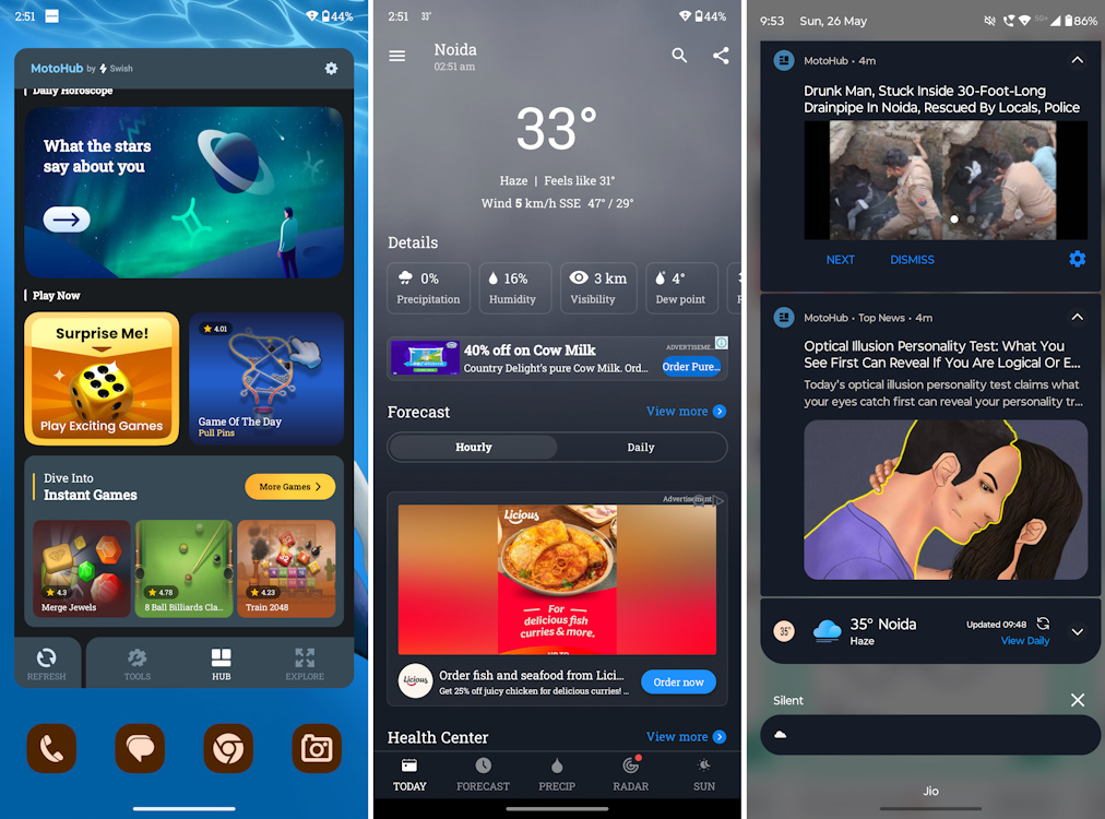 تبلیغات در ویجت Moto Hub Hello UI، اعلان ها و برنامه آب و هوا
