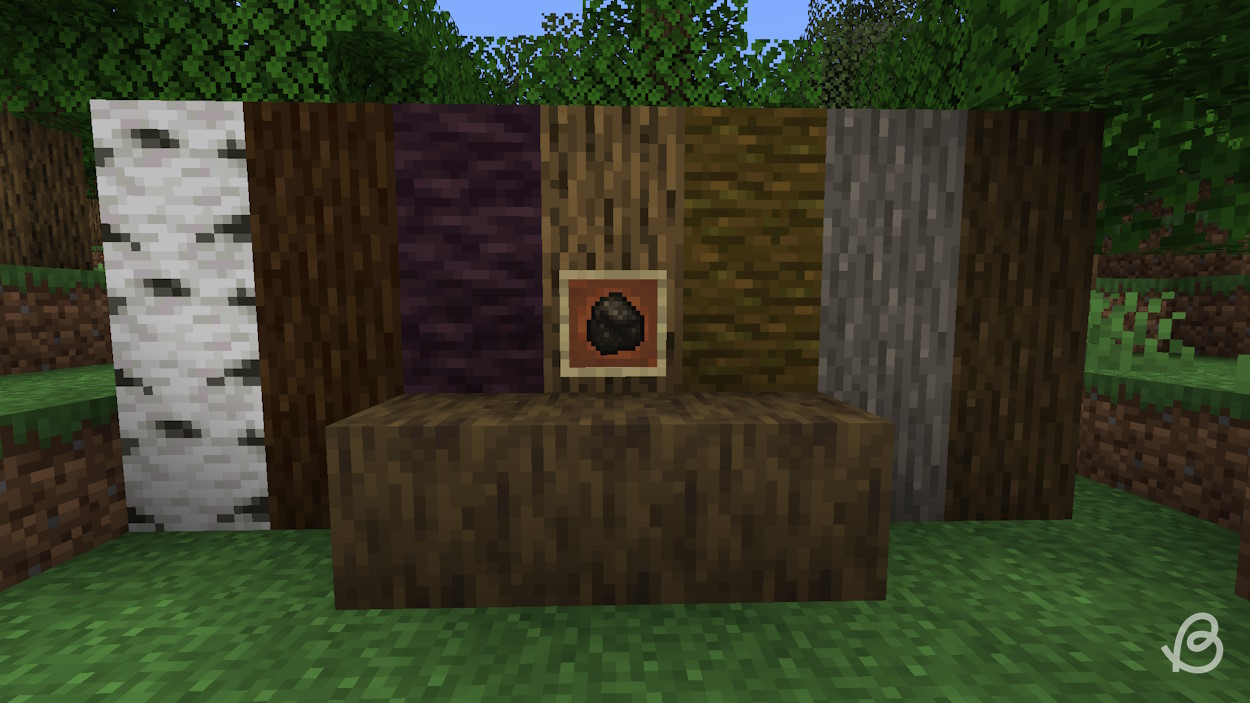 زغال چوب، بهترین منبع سوخت در Minecraft، در یک قاب آیتم با انواع چوب در اطراف آن